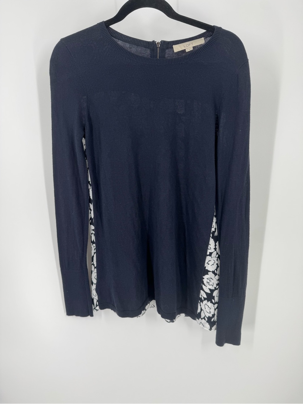 LOFT Navy Long-Sleeve Top with White Floral Side Panels